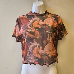 Women’s Art Print Sheer Mesh Crop Top Artsy Renaissance Art  XL